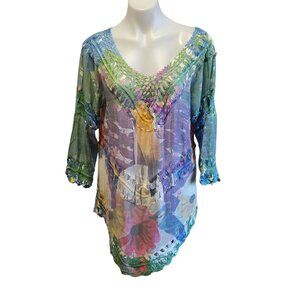 Rain Womens XL Rainbow Boho Floral Crochet Tunic Beach Bathingsuit Coverup